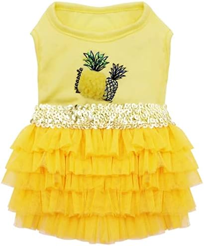 KYEESE Dogs Dress Pineapple Yellow Tiered Dogs Beach Small Dog Dresses with Sequins