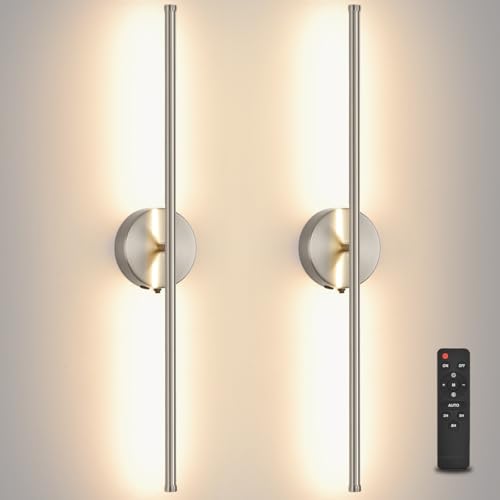 Image of Battery Operated wall Sconce Set of 2, Brushed Nickel 27.5 inch LED USB Rechargeable dimmable wall Sconce with Remote Control, Rotate 350 for Living Room, Bedroom, Hallway and scones Lighting