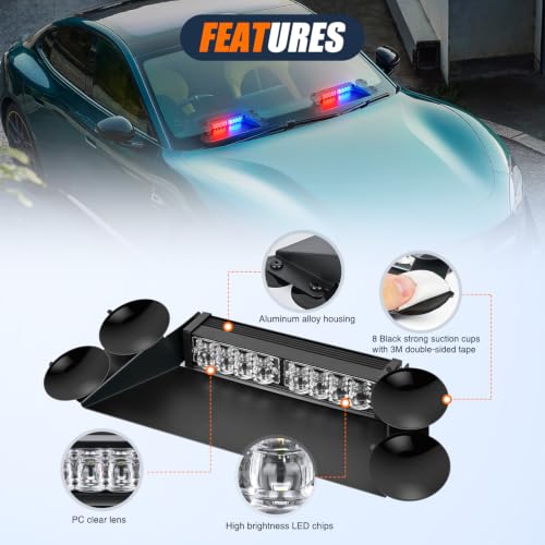 Image of Nilight 16LED Red Blue Dash Strobe Light Cigarette Lighter Plug | Dual-Switch 2-in-1 Deck Split Flashing Lights for Truck Construction Pickup Interior Front /Rear Windshield Mount 30 Modes