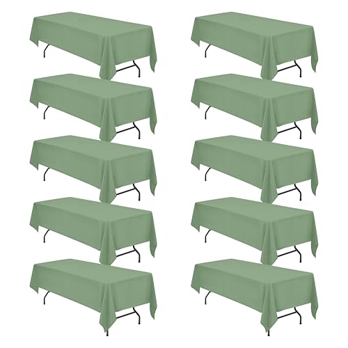 Image of BRILLMAX 10 Pack Sage Green Tablecloths 60x126 Inch for 8ft Rectangle Table | 150 GSM Polyester Fabric, 15 inch Standard Drop, Water, Stain & Wrinkle Resistant Cloth Cover for Wedding Reception Banquet Party