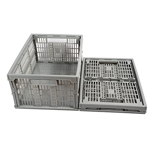 Folding Collapsible Plastic Storage Crates Boxes Stackable Basket Grey (Grey, Single)