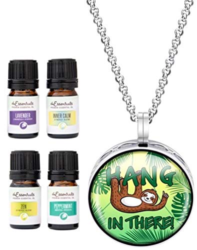 Wild Essentials Hang in There Sloth Necklace Essential Oil Diffuser Kit with Lavender, Lemongrass, Peppermint, Orange Oils, 8 Refill Pads, Calming Aromatherapy Gift Set, Customizable, Perfume