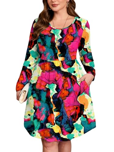 Image of AusLook Women's Plus Size Long Sleeve Midi Dress Casual Empire Waist Loose Flowy Dresses A-Line Boho Long Dress with Pockets