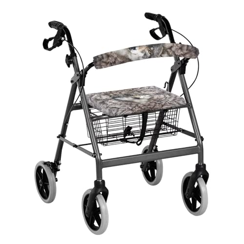 Yorontervo Gray Wolf Print Seat and Backrest Cover & Rollator Cover with Hook and Loop, Non-Slip Wild Animal Elastic Dust Cover for Seniors, Fits All