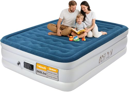 ooiloln air Mattress Queen with Built in Pump 14 Inch Portable Inflatable Mattress Deluxe Flocking Inflatable Mattress for Temporary Guest Accommodation, Camping, and Home use MAX is 660 pounds
