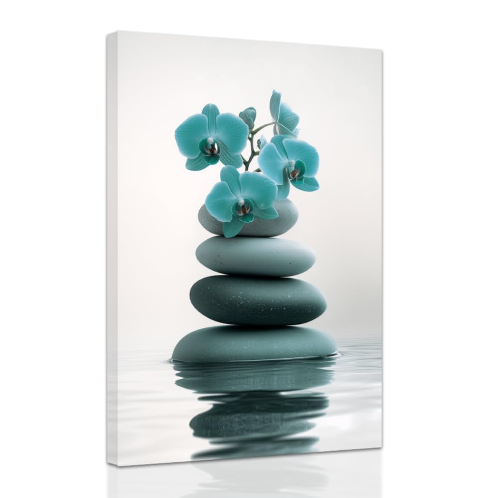 ZXHYWYM Zen Wall Art Stones Picture Orchid Canvas Painting Teal Zen Water Prints Spa Bathroom Decor Meditation Yoga Room Office Home Framed (70 x 105 cms)