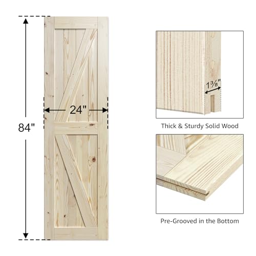 Image of SmartStandard 24in x 84in Sliding Barn Wood Door Pre-Drilled Ready to Assemble, DIY Unfinished Solid Spruce Wood Panelled Slab, Interior Single Door Only, Natural, K-Frame (Fit 4FT Rail)