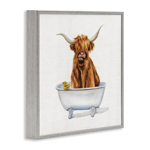 Image of Stupell Industries 'Shaggy Country Cattle in Tub', Framed Giclee Art, Gray, 12 x 12 Inches, Easy to Hang and Sturdy, Made in USA, by Donna Brooks