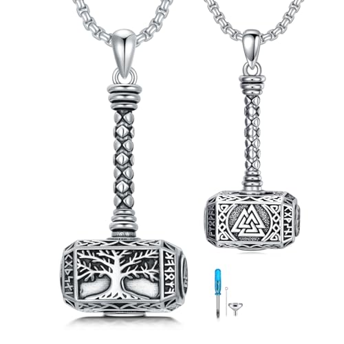 SIMONLY Thors Hammer Necklace 925 Sterling Silver Turquoise Obsidian Tigers Eye Mjolnir Necklace Urn Necklaces for Ashes Viking Cremation Jewelry for Men Women Unisex