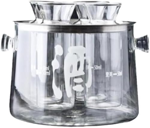 KryZaro耐熱ガラス酒燗器セット(ワインウォーマー機能付き)170 度温度差耐熱 湯煎式お燗器 四目盛り分酒器 ステンレススロット 徳利 + 酒カップ 日本酒・焼酎対応