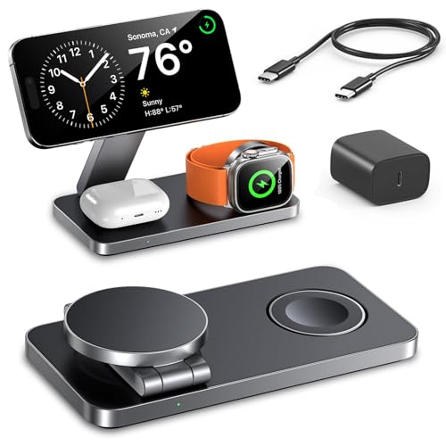 EXW 3 in 1 Wireless Charging Station for Travel Apple Compatible with MagSafe Charger Stand Foldable Magnetic Wireless Charger Station for iPhone 17/16/15/14/13/12 and Apple Watch AirPods (Black)