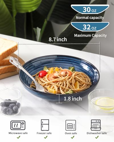 Ceramic Pasta Bowls 87 Large Salad Bowls Set of 4 32 oz Wide and Shallow Bowls Farmhouse Bowl Plates for Kitchen Gift for Housewarming Wedding Microwave Dishwasher Safe Blue