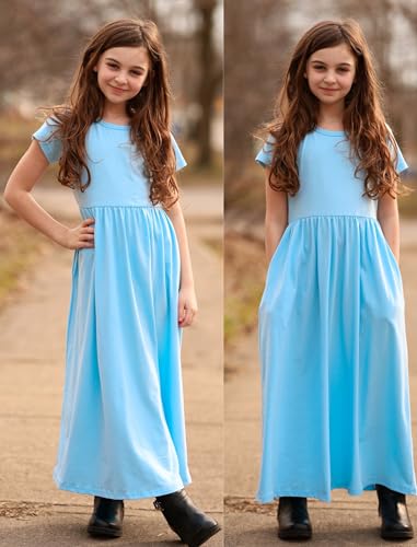 Image of Arshiner Girls Maxi Dress Long /Short Sleeve Casual Holiday Dress with Pockets for 5-13 Years