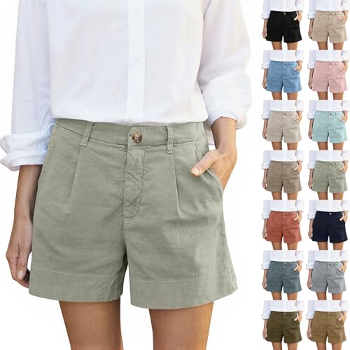 Linen Shorts for Women Summer Casual Dressy Shorts Trendy Button Down Wide Leg Chino Short with Pockets High Waisted Plus Size Beach Bermuda Short Business Work Khaki Pants