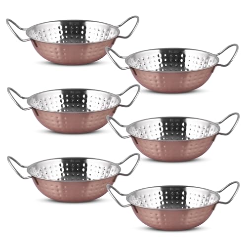 EVOKK Set of 6 Indian Copper Balti Dishes 20cm Traditional Curry Bowls with Handles Handcrafted Copper Pots for Indian Food & Restaurant Serving