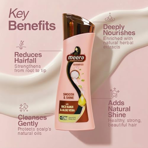 Image of Meera Smooth & Shine Shampoo with Rice Kanji & Aloe Vera | Up to 72 Hours Smooth & Shiny Hair | Nourishes & Softens Hair | Suitable for Men & Women | 180ml
