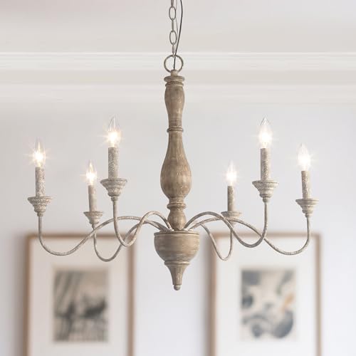 LALUZ Farmhouse Chandelier, 6-Light French Country Wood Lighting for Dining