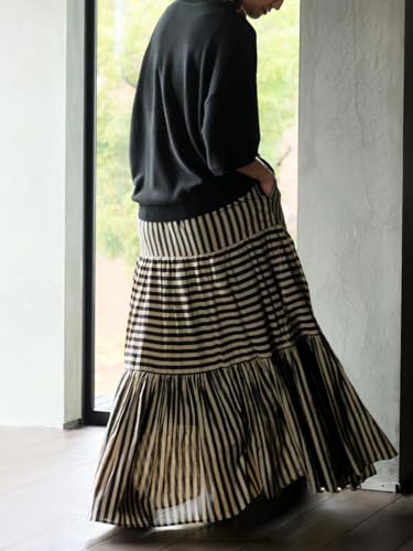 ebossy Women's Striped Tiered Maxi Skirt Elastic High Waist Flowy Pleated Long Cotton Skirts with Pockets2