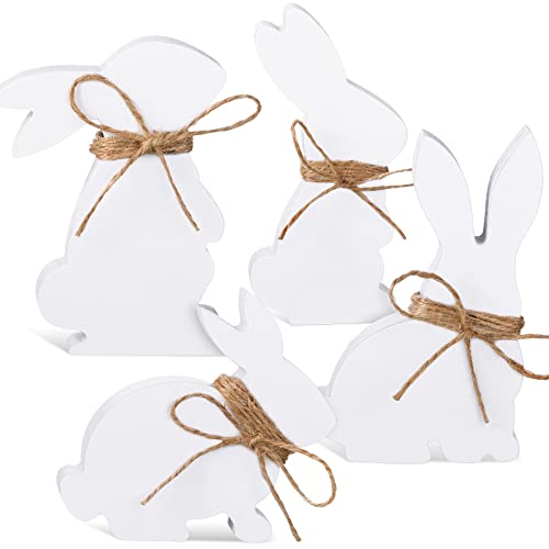 4 Pieces Easter Bunny Table Wooden Signs Bunny Shaped Farmhouse Decor Spring Bunny Wood Tabletop Easter Decorations Easter Bunny Dining Room Table Decor Sign Wood Bunny Decor with Rope (Likable Style)