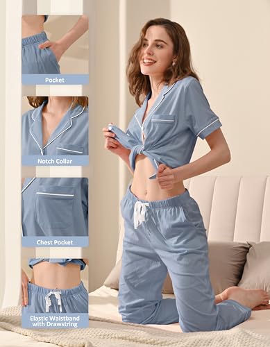Image of NAP BOUND 100% Cotton Women's Pajama Sets Short Sleeve Button Down Soft Pjs 2 Piece Lounge Set with Pocket Nightwear XS-XXL