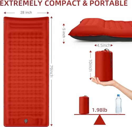 Image of FNARMW Camping Sleeping Pad, Extra Thick 5 Inch Camping Mat with Pillow Built-in Foot Pump Inflatable Sleeping Pads Compact for Camping Backpacking Hiking Traveling Tent(Orange-Black)