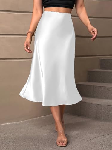 Image of KATECLO Women's Satin Midi Skirt High Waist Elegant A-Line Slip Skirt | Soft Silky Casual