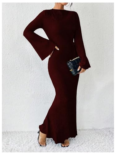 GORGLITTER Women's Bell Long Sleeve Cocktail Maxi Dress Crew Neck Bodycon Fishtail Casual Long Dresses3