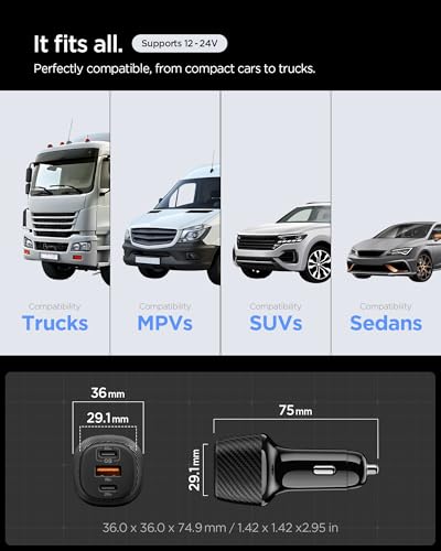Image of Spigen Triple Port Car Charger Total 113w(65w+18w+30w), PPS, Cable Included, Quick and Super Fast Charging for iPhone Series, Galaxy Series, iPad, MacBook & More (EV1133) - Black