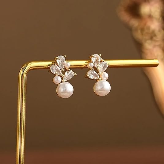 Pearl Cluster Clip on Earrings Non Pierced Pearls Jewelry Elegant Teardrop Cubic Zirconia Cluster Earrings For Women Wedding Jewelry Bridesmaid Gift Hypoallergenic - Image 5