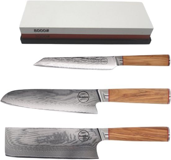 Couteaux de cuisine japonais Damas avec pierre à aiguiser et manche bois de qualité