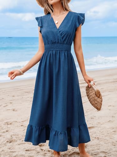 Image of CUPSHE Women's Summer Casual Maxi Dress V Neck Short Flutter Sleeve Ruffled Flowy Long Dresses