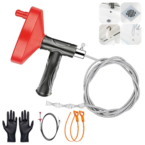 Drain Snake Auger 33 Ft, Plumbing Snake Drain Hair Clog Removal Tool, Heavy Duty Snake Auger, Sink Unclogger Drain Cleaner Tool for Bathroom Kitchen Tub Shower Drain Clog Remover with Gloves