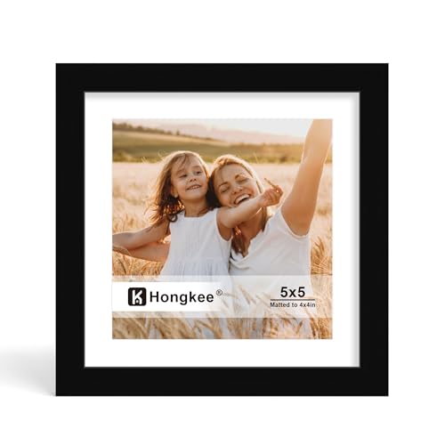 Hongkee 5x5 Picture Frame Made of Solid Wood with Real Glass Display Pictures 4x4 with Mat or 5 x 5 without Mat - Wall and Tabletop (Black 1 Pack)