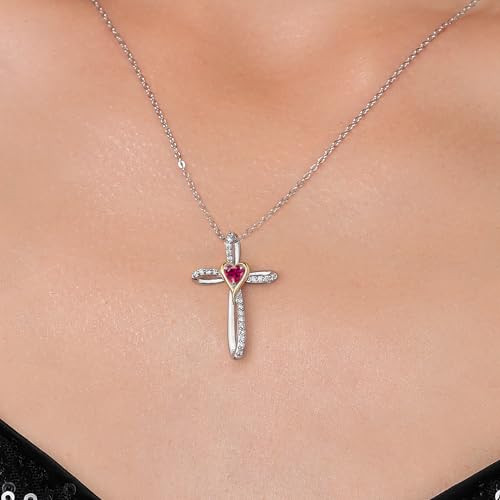 Gem Stone King Cross Necklace For Women | 925 Silver and 10K Yellow Gold | 4MM Heart Shape Gemstone Birthstone and White Lab Grown Diamond Cross Pendant Necklace For Women3