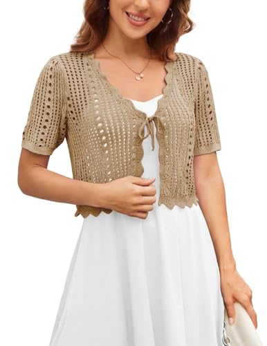 Image of Kate Kasin Women Crochet Shrug Knit Sweater, Short Sleeve Cropped Cardigan | Tie Front Tops Light Weight, Knit Cover Up Arm Bolero For Evening Dresses Dressy Casual, Ladies Eyelet Shawl Thin Formal