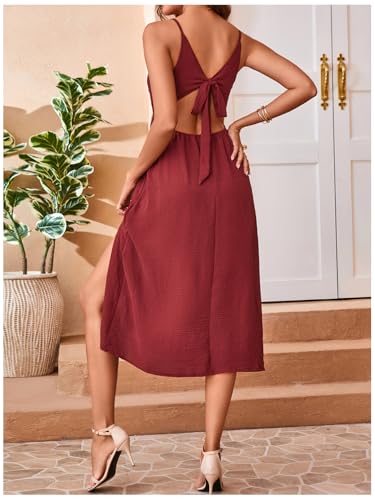 Image of SweatyRocks Women's Tie Backless Split Midi Dresses Sleeveless V Neck Textured Summer Dress