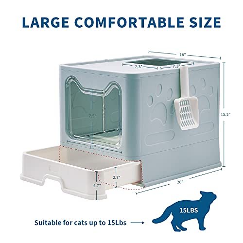 Medario Cat Litter Box With Cat Litter Mat And Scoop, Large Foldable Litter Box With Lid, Front Entry Top Exit Kitty Litter Box, Odor Control Easy Clean (Blue) #TOP2