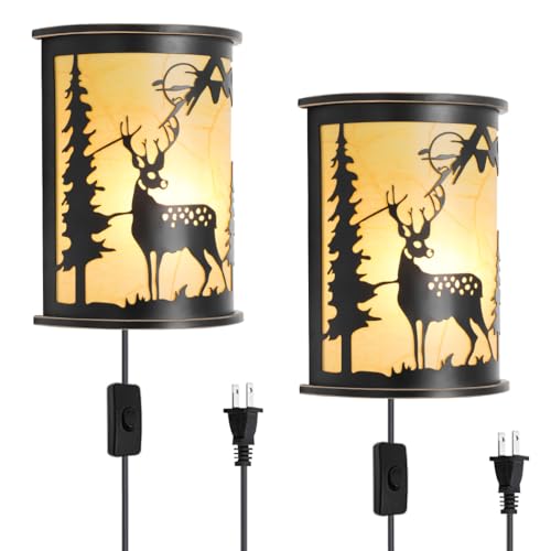 Image of Rustic Wall Sconces Set of Two, Farmhouse Deer Plug in Wall Sconce, Modern Industrial Wall Light Fixtures for Hallway, Stairway, Porch, Bedroom, Cabin