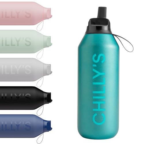 Chilly's Series 2 Flip Water Bottle with Sports Lid - Vacuum Insulated Stainless Steel Water Bottle with Straw, Carry Loop, & Cleaning Brush - No Sweat - 500ml - Atlantis