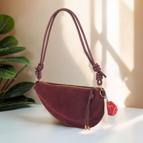 Image of Small Suede Dumpling Crossbody Bag for Women, Hobo Shoulder Purse with Cute Baseball Charms & Adjustable Strap