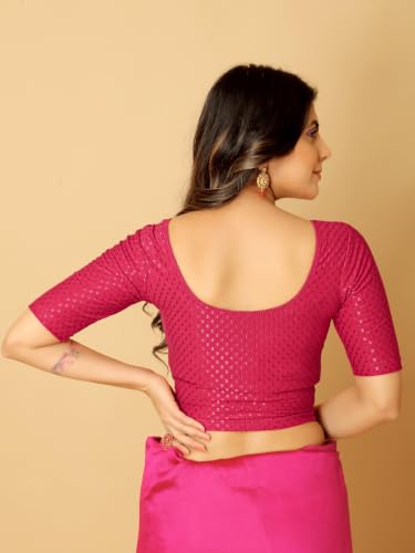 Image of Amazon Brand - Anarva Round Neck Dobby Cotton Lycra Stretchable Elbow Half Sleeve Readymade Saree Blouse for Women Stylish