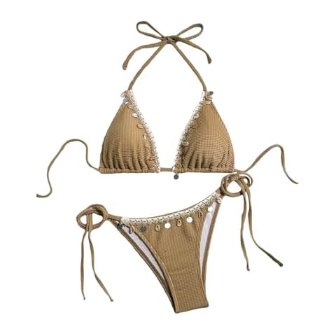 BYFINECANY Women's Shell Decoration Boho Bathing Suit Halter High Waist Summer Swimsuit Bikinis Set Brown L Cover
