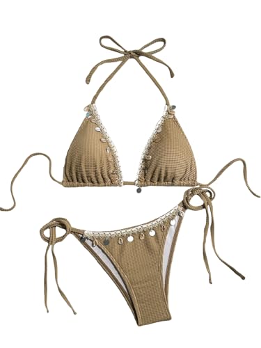 Women's Shell Decoration Boho Bathing Suit Halter High Waist Summer Swimsuit Bikinis Set