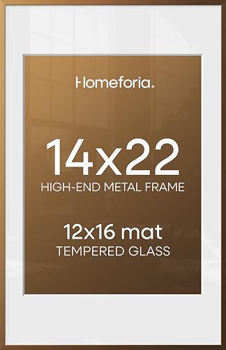 Image of Homeforia 14x22 Picture Frame Bronze, High End Metal 14x22 Brass Poster Frames with Mat 12x16 for Photo, 14 x 22 Frame Matted to 12 by 16 Print, 22x14 Hanging Frame, Tempered Glass, Wall Kit, Set of 3