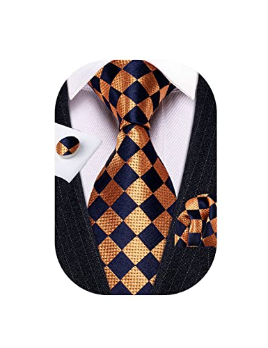 YOHOWA Men Plaid Tie Set Silk Navy Copper Necktie Handkerchief Cufflinks Formal Business Wedding