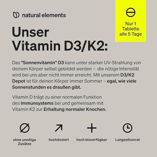 natural elements Vitamin D3 + K2 Depot – 180 Tabletten – Premium-Qualität: K2VITAL® von Kappa – 99,7+% All-Trans K2-MK7 + 5000 IE Vitamin D3 – hochdosiert, ohne Zusätze – laborgeprüfte Qualität – Bild 5