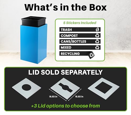 Alpine Commercial Indoor Recycle Bin with Lid - 29 Gallon Blue Recycle Bin Recycle Trash Can Office Recycling Bins, Metal Recycling Container with Stickers & 3 Optional Lids Sold Separately - Thumbnail 3