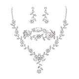Clearine Women's Wedding Jewellery Set for Party Prom Leaf Cluster Flower Crystal Pendant Necklace Dangle Earrings Link Bracelet for Bridal Brides Bridessmaid Clear Silver-Tone
