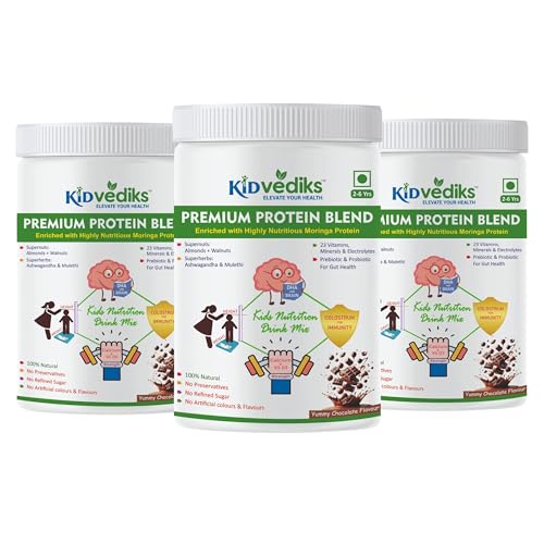 Image of kidvediks Kids Nutrition Drink Mix for 2-6 Years Pack of 3 ( 350g Each) -5 Premium Protein sources+23Vitamins& Minerals ,DHA, Moringa, calcium,zinc| No Refined Sugar, Artificial Flavours or Preservatives|