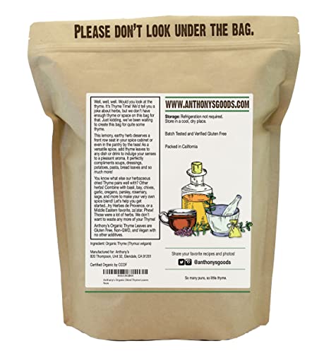 Anthony's Organic Dried Thyme Leaves, 8 Oz, Gluten Free, Non Irradiated, Non Gmo #TOP1